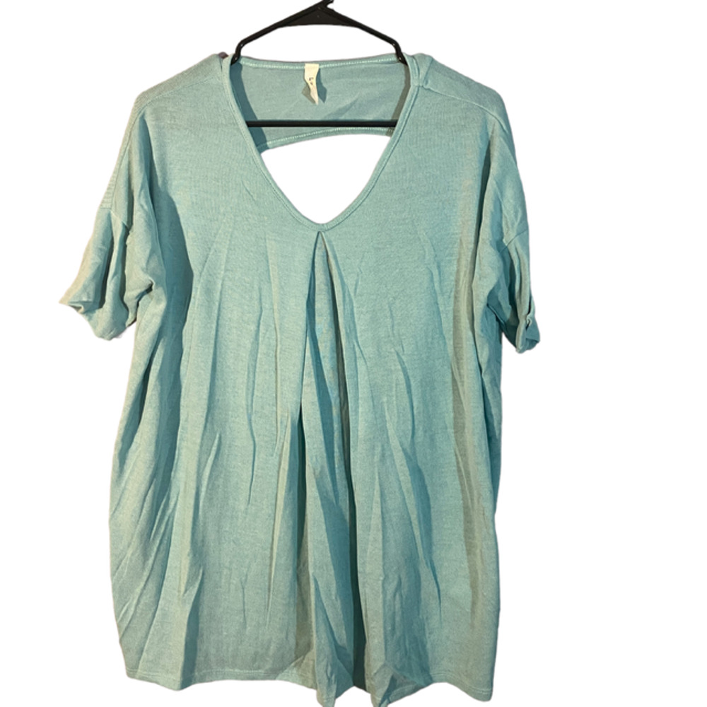 Luxe Baby Blue Cut Out Short Sleeve Classic Long Tunic Blouse Women SZ L